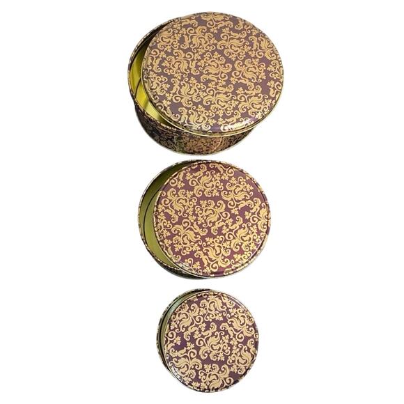 Nesting Tin Set of 3 maroon gold Paisley Filigree Art Deco Storage Organization - Picture 1 of 10